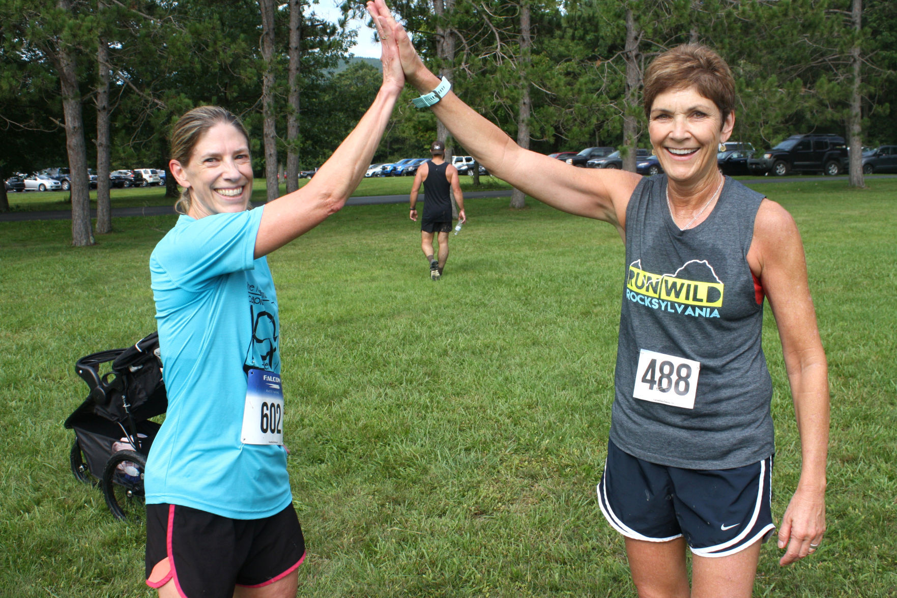 Trail run finishers celebrate